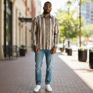 Valdise Men's Orange Black Creme Striped Long Sleeve Button Up Shirt Medium M